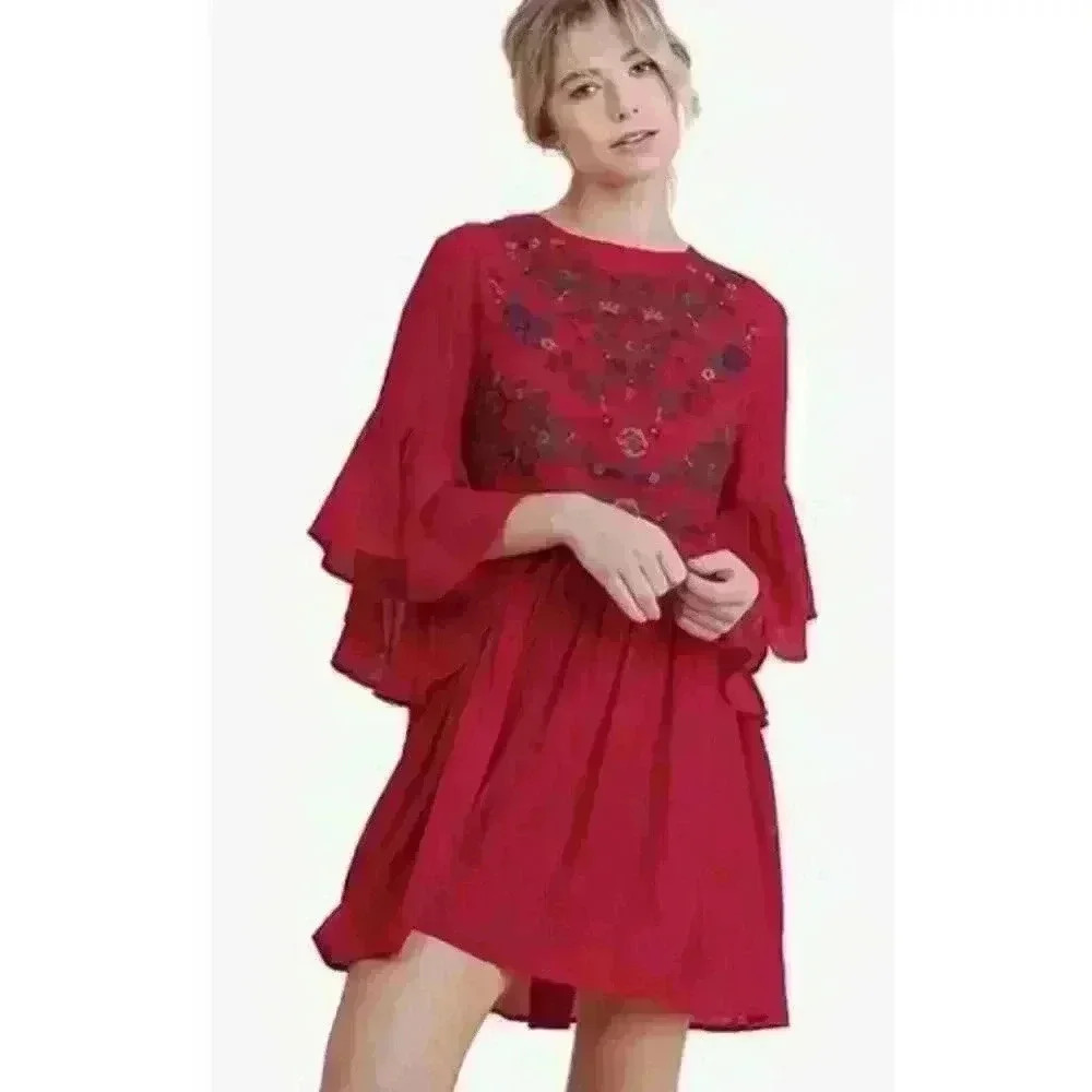 Umgee Red Women's Floral Embroidered Keyhole Bell Sleeve Mini Dress‎ Bohemian SM